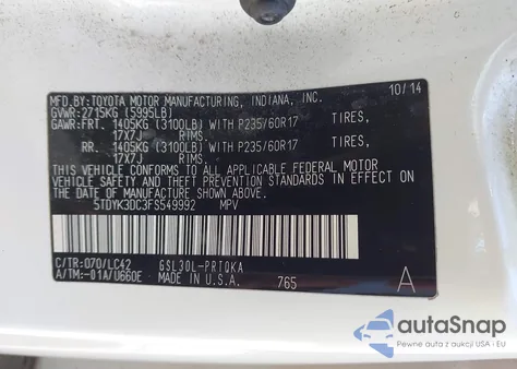 2015 Toyota Sienna Xle 8 Passenger z USA, uszkodzony, nr VIN 5TDYK3DC3FS549992